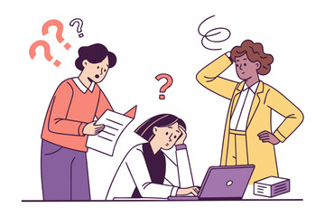 Confused business professionals struggling with complex problems and seeking answers surrounded by question marks