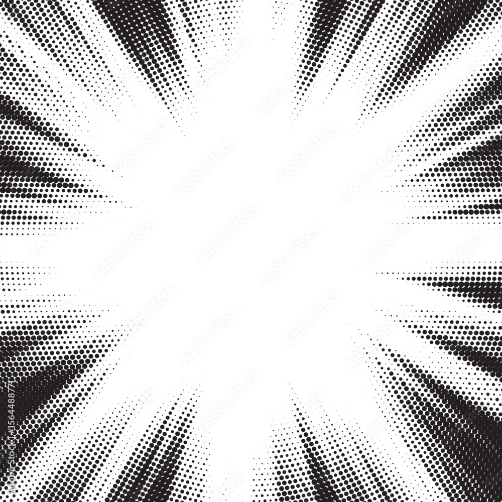 Poster Halftone gradient sun rays pattern. Abstract halftone vector dots background. monochrome dots pattern. Vector background in comic book style with sunburst rays and halftone. Retro pop art design.