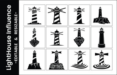 Collection Of Twelve Lighthouse Silhouette Vector Icons For Nautical And Maritime Design Projects