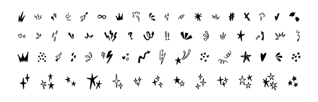 Set of cute line doodle hand drawn icons in manga Japanese style. Comic motion, movement, magic, twinkle effect. Naive childish playful whimsical crayon scribbles. Spark, confetti, stars, heart shapes