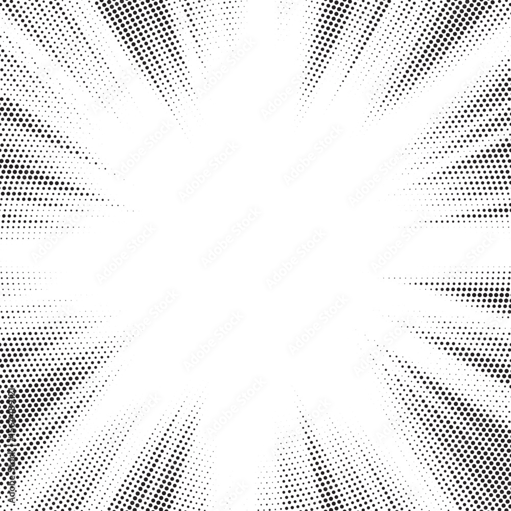 Poster Halftone gradient sun rays pattern. Abstract halftone vector dots background. monochrome dots pattern. Vector background in comic book style with sunburst rays and halftone. Retro pop art design.