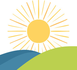Vector Simplified Morning Scene with Circular Sun and Overlapping Hills in Flat Illustration Style