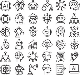 AI and Robotics Line Icons Set, Modern Thin Vector Illustrations for Innovation, Automation, Technology, and Future Design 