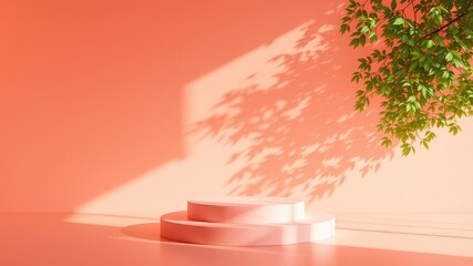 Minimalist Scene with Circular Podium, Peach Wall, and Leafy Shadows for Product Showcase and Presentation