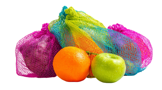 Fresh fruits in colorful mesh bags, showcasing vibrant colors. transparent background