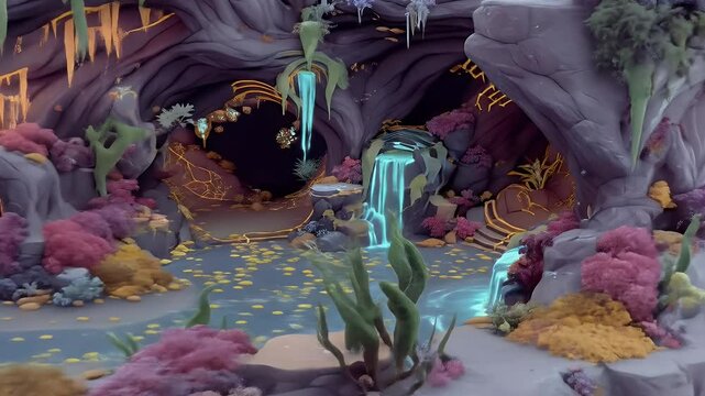Pixelated Fantasy Cave Landscape with Coral Reefs Waterfall on Green Screen Background for Visual Effects Adventure and Magical Ambiance