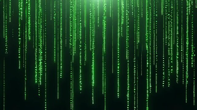 Futuristic digital code rain: glowing green streams in motion.
