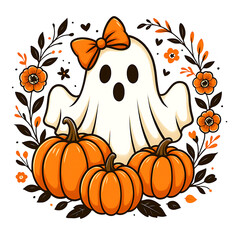 Cute Halloween Ghost with Bow and Pumpkins – Autumn Floral Wreath, Fall Pumpkin Ghost Illustration