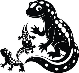 Black and White Salamander Family Illustration: Cute Spotted Amphibians Graphic Art Design