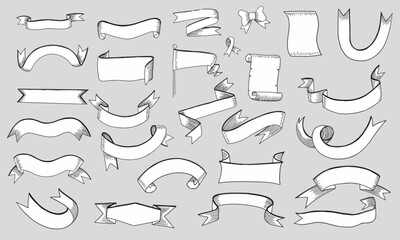 Set of ribbon text boxes in style of vintage and hand drawn. Flag shape labels. Vector and illustration.