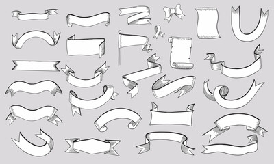 Set of ribbon text boxes in style of vintage and hand drawn. Flag shape labels. Vector and illustration.