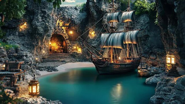 Secluded pirate hideout in a hidden cove with a ship anchored under twinkling lanterns, secluded pirate hideout nestled within a hidden cove, Seamless ing video background