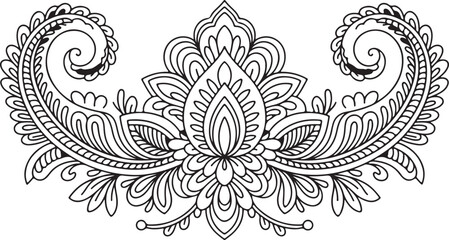 Symmetrical Paisley Floral Ornament Line Art