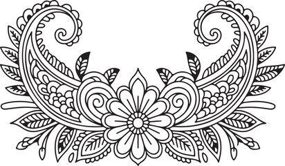 Symmetrical Paisley Floral Ornament Line Art
