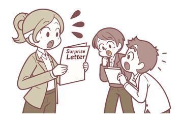 Astonished colleagues react to surprise letter content with wide eyes and open mouths in a business setting