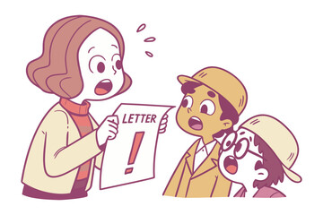 Surprised teacher shows exclamation mark letter to astonished students in a cartoon illustration