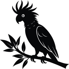 Black Cockatoo Silhouette Vector Art: Bird on Branch Illustration, Wildlife Graphic