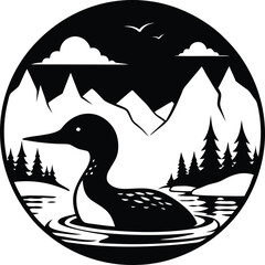 Loon on Lake with Mountains Silhouette Vector Art - Wildlife Nature Landscape Design