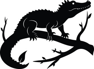 Fototapeta premium Black Silhouette Alligator on Branch Illustration Vector Graphic Reptile Wildlife Art