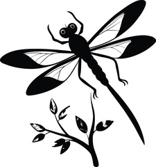 Black and White Dragonfly Vector Art: Insect Illustration on Branch, Nature Graphic