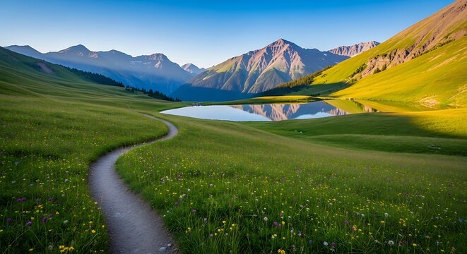 Mountain lake trail wildflowers scenic view