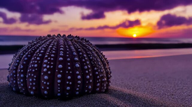 Rustic sea urchin shell resting on sandy beach at sunset with vibrant hues in the sky and gentle waves, Sea urchin shell on sandy beach at sunset