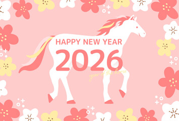 馬とゆるいタッチの花のかわいい年賀状_ピンク