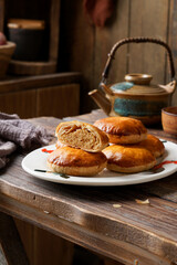 Close Up of Traditional Tau Sar Piah Chinese Pastry with Mung Bean Filling on Rustic Surface