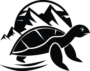 Turtle Mountain Logo: Black and White Vector Illustration of Turtle Climbing Mountains