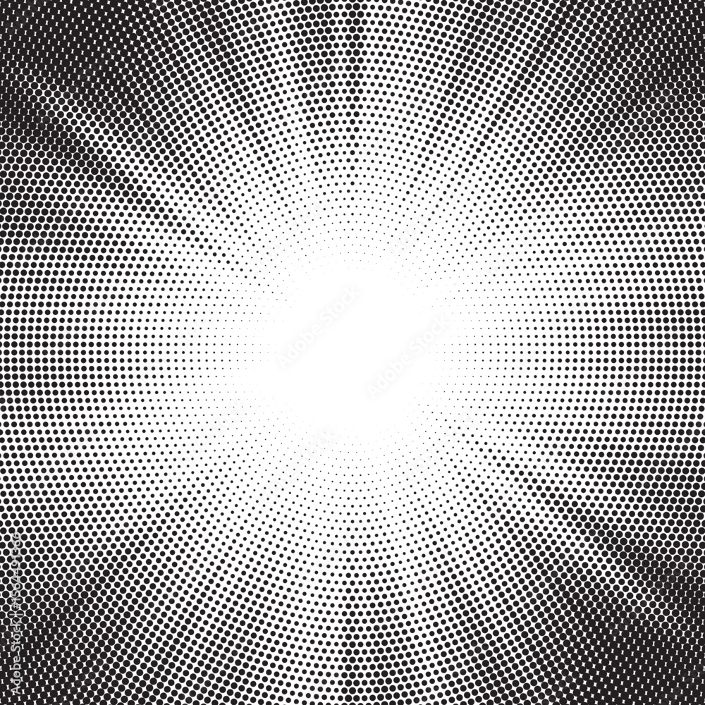 Poster Halftone gradient sun rays pattern. Abstract halftone vector dots background. monochrome dots pattern. Vector background in comic book style with sunburst rays and halftone. Retro pop art design.