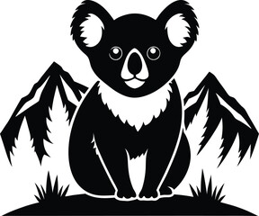 Black & White Koala Bear Vector Illustration: Cute Cartoon Animal with Mountain Background