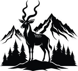 Black and White Kudu Silhouette: Mountain Landscape, Wildlife Art, Antelope Illustration