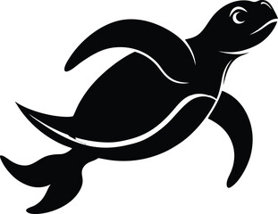 Black Silhouette of Sea Turtle Swimming Ocean Life Vector Illustration