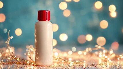 Lotion bottle with red cap surrounded by glowing decorative lights and glitter in a festive setting, White lotion bottle with red cap, surrounded by glitter and lights