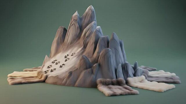 Stylized 3D Mountain Render Isolated on Green Background Perfect for Fantasy Games and Visual Effects in Low Angle Perspective