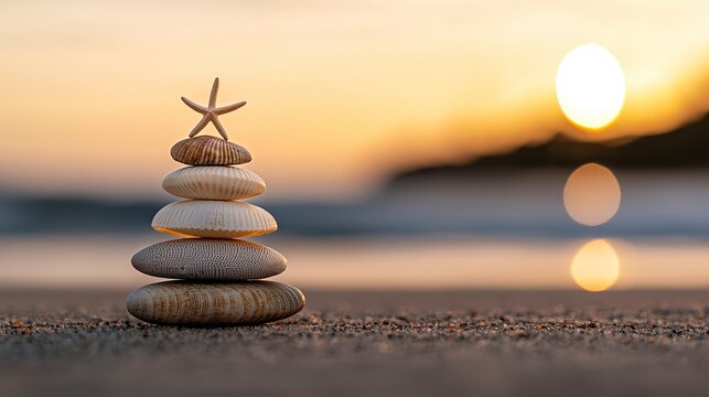 A beach scene with starfish and seashells forming the shape of an outdoor Christmas tree set against a blurred background of waves in sunlight. Ocean imagery depicts a festive aquatic