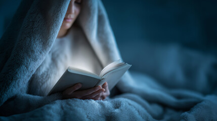 Teenager Reading Science Fiction Novel with Flashlight Under Blanket