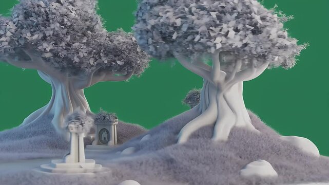 Snowy Landscape with Temple Structures and Trees Isolated by Green Screen Perfect for Visual Effects