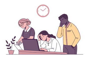 Diverse team members experiencing workplace stress and fatigue under a ticking clock highlighting deadlines and demanding work environments