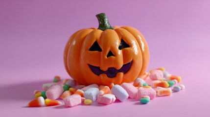 Smiling jack-o'-lantern pumpkin among colorful halloween candy on pink background