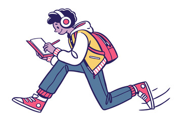 Obraz premium Energetic student with headphones and backpack runs while taking notes in a notebook capturing a dynamic moment of learning on the go