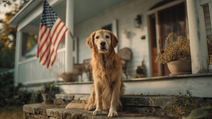 A golden retriever sits on the porch of a house. An American flag hangs nearby, symbolizing Independence Day and patriotism in the USA.