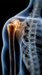 Human skeleton showing painful shoulder joint highlighted, x-ray style rendering