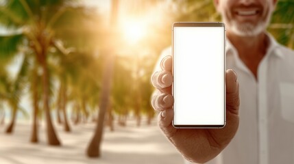 Tourist showing smartphone with blank white screen on beautiful tropical beach with palm trees and golden sunlight
