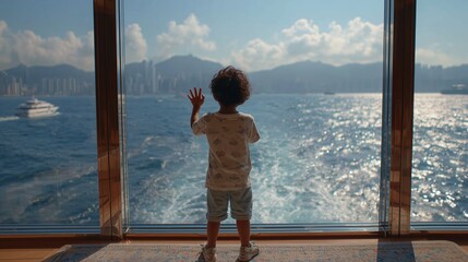 Young traveler waving at the hong kong skyline from a ferry, enjoying the journey and discovering new horizons