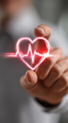 Medical professional interacting with glowing heartbeat icon, symbolizing healthcare technology, innovation, and patient care