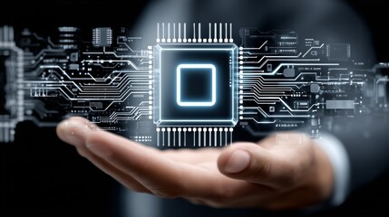 Close up of businessman hand presenting a cpu and printed circuit board, symbolizing innovation and technology in business