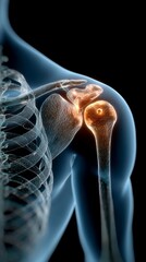 Medical illustration showing the shoulder joint with pain and inflammation, highlighted in orange