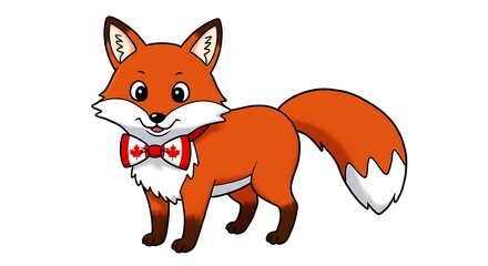 Obraz premium Captivating cartoon fox with Canadian bow tie on a crisp white backdrop, perfect for illustrations and children's books, evoking feelings of joy, patriotism and wilderness allure.