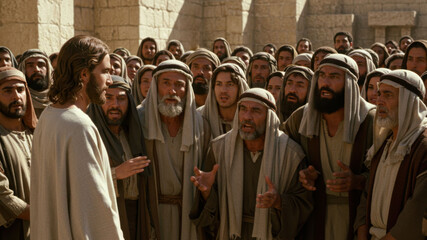 Jesus christ preaching to a crowd of men and women. Bible story about Jesus Christ, the Pharisees, and parable interpretation.